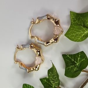 Gold Filled Bamboo Hoop Earrings with Heart Tricolor 1"